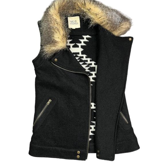 THREAD & Supply Wool Blend Knit Back Moto Vest Faux Fur Small - Picture 3 of 6